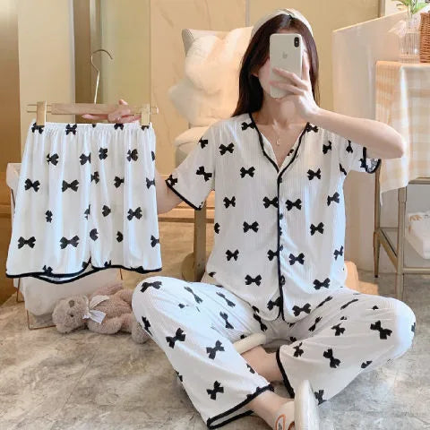 Spring Autumn Women's Sleepwear Short Sleeve Loose Home Clothes Cute Girl's Pajamas Set Casual Breathable Polyester Silk