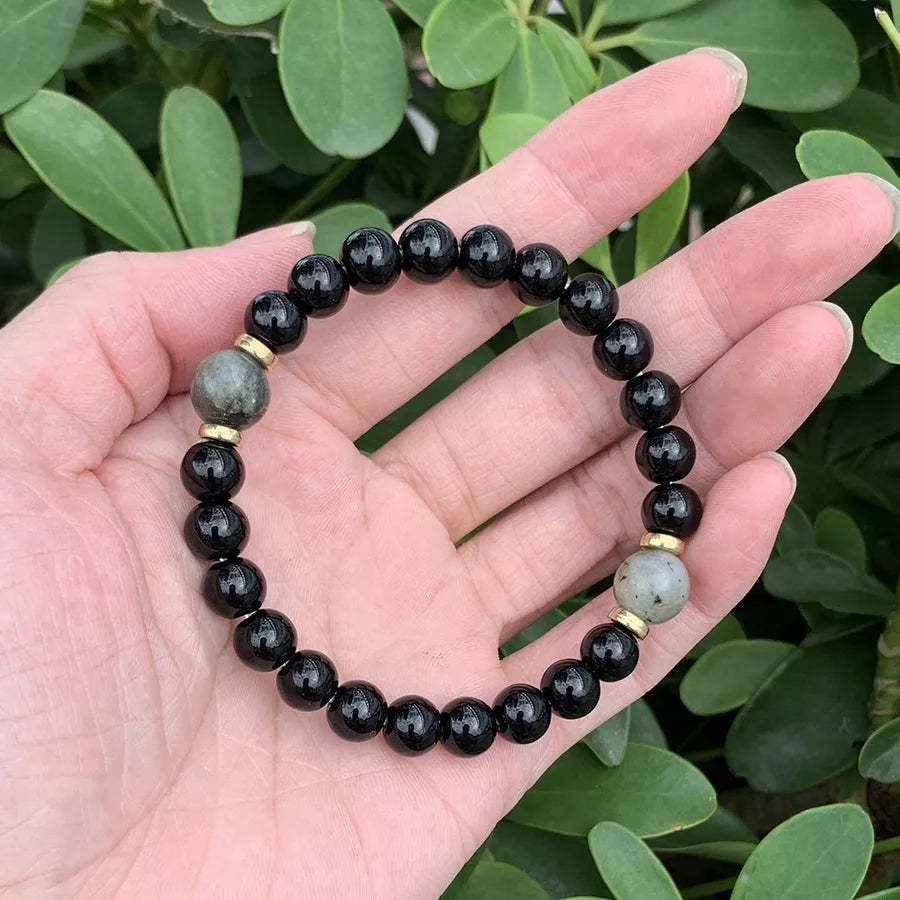 hot men's simple natural stone bracelet imitation black agate white flash handmade beaded bracelet jewelry wholesale