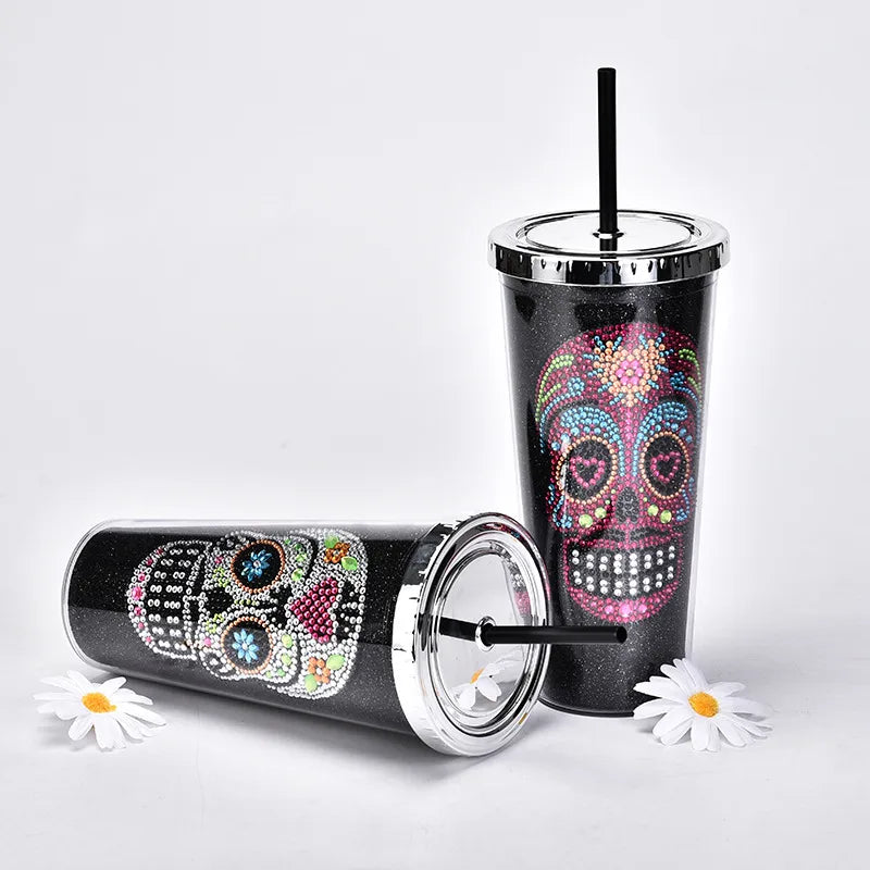 new double-layer plastic straw cup creative halloween skull head large capacity drink cup