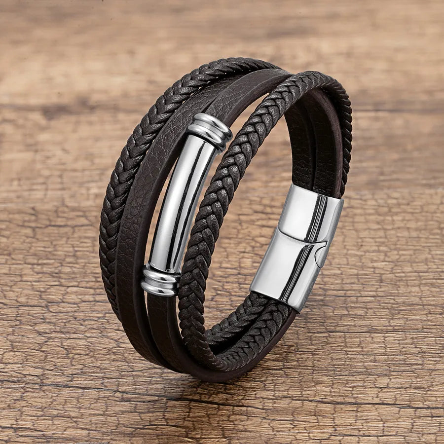 hip-hop geometric pu leather metal layered men's bracelets