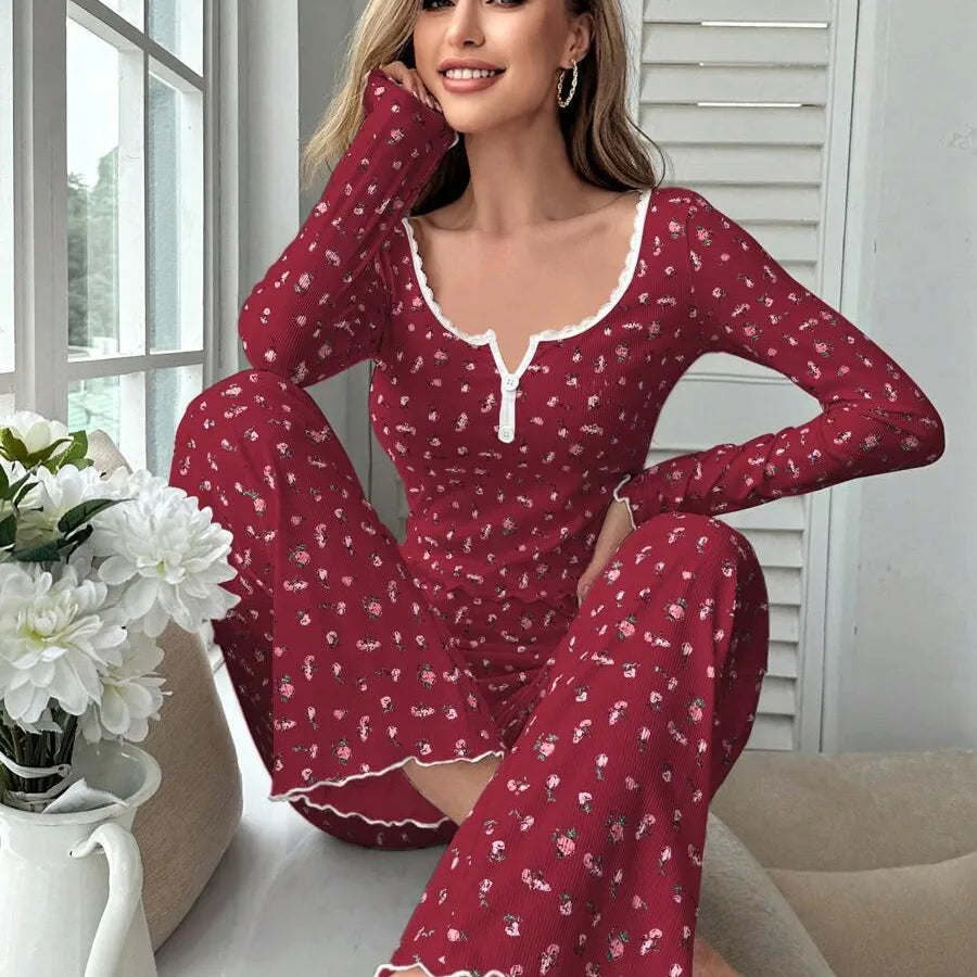 European Style Long Sleeve V-Neck Floral Print Sleepwear Set Women's Home Clothes With Cuffed Pants Thick Polyester Knitted Fabric