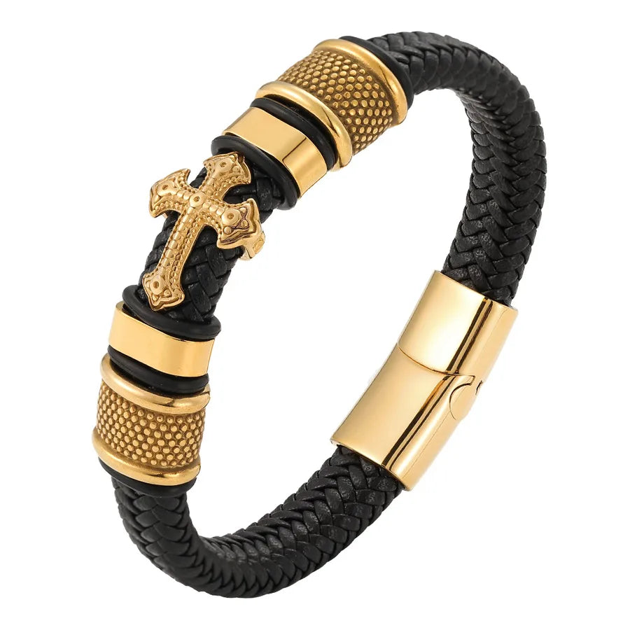 Hot Sale Leather Handmade Bracelet Authentic Leather Weave Gold Cross Men's Leather Bracelet Retro Fashion