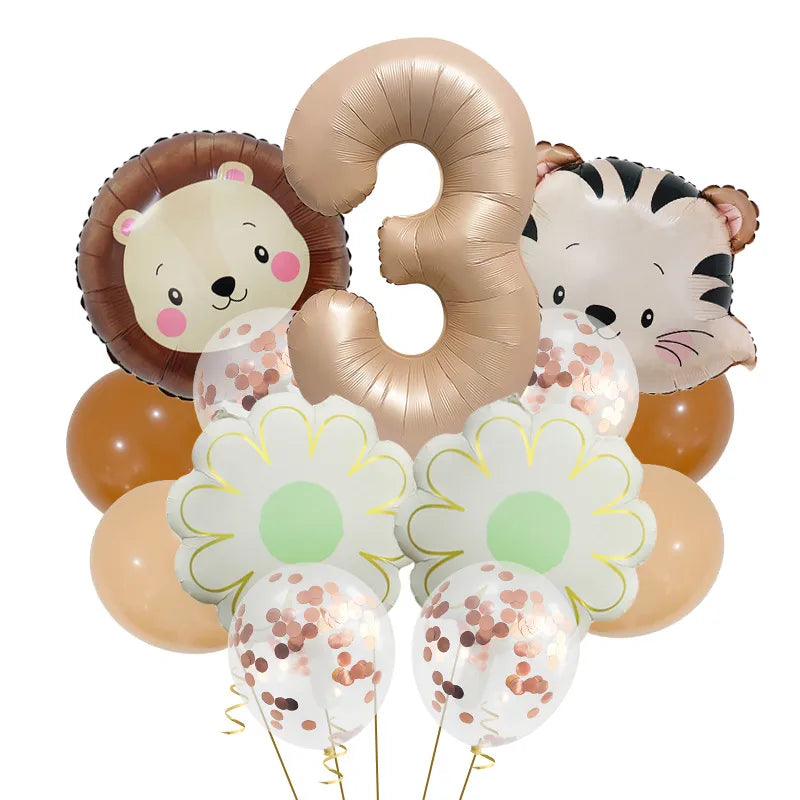 Retro Forest Tiger Lion Animal Balloon Set Caramel Digital Birthday Party Decoration Balloon Aluminum Foil Material