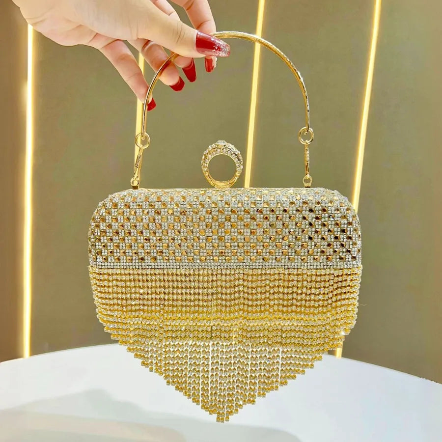Fashionable Full Diamond Evening Clutch Bag Tassel Embellished Party Dress Wedding Gown Complement Square Polyester Bag