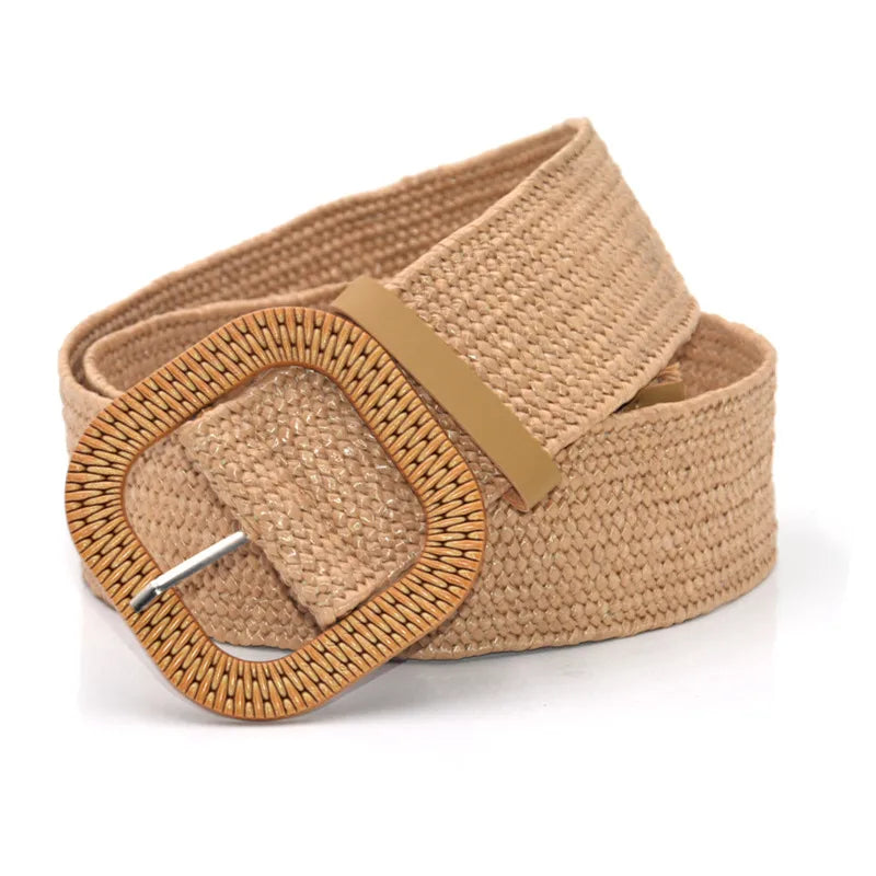 Simple fashion straw elastic waist girdle women's accessories dress body shaping belt wooden buckle waist girdle