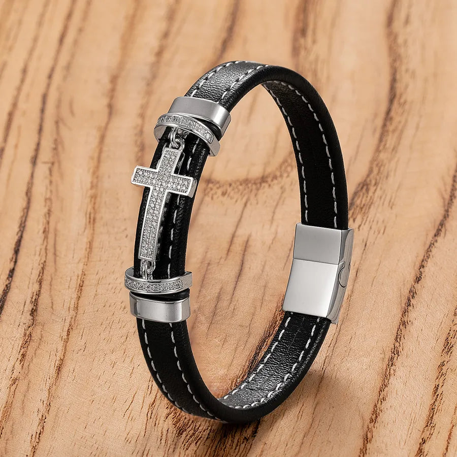 Retro Punk Simple Style Cross 316L Stainless Steel  Leather rope Women's Men's Bracelets Men Cord & Leather Bracelets