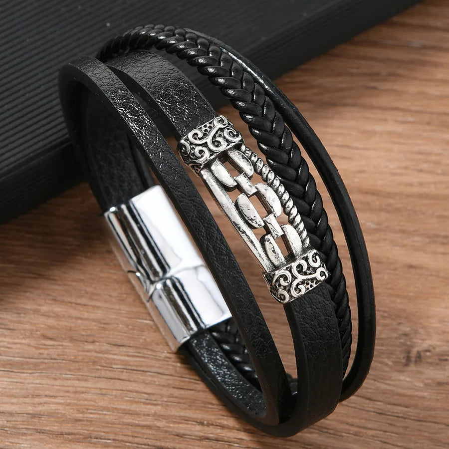 Retro Solid Color Pu Leather Alloy Men's Bracelets Men Cord & Leather Bracelets