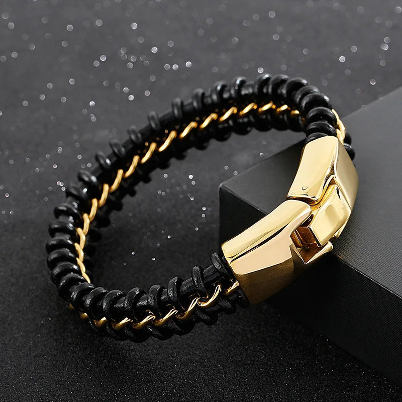 Casual Punk Geometric Cowhide Titanium Steel Plating 18K Gold Plated Men's Bracelets