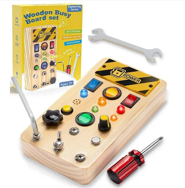popular children's early education wooden LED light socket switch busy board toy hands-on wooden toy