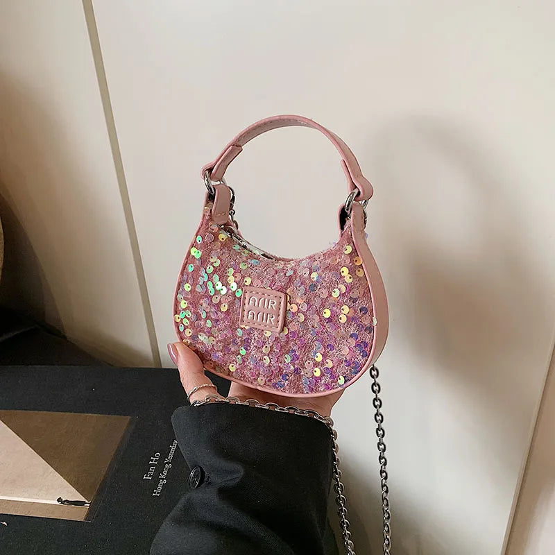 Women's Sequin Pu Leather Solid Color Streetwear Sewing Thread Oval Zipper Handbag Crossbody Bag