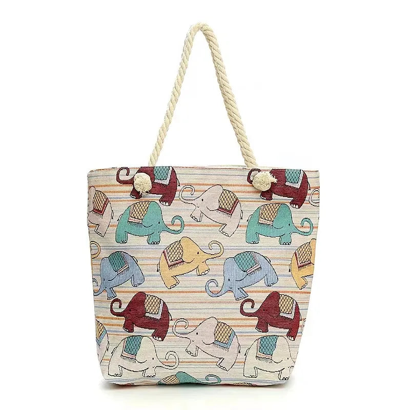 Women's Large Canvas Animal Cartoon Vacation Ethnic Style Bucket Zipper Tote Bag
