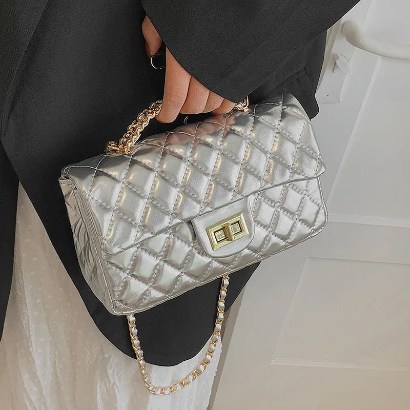 Women's Pu Leather Solid Color Lingge Streetwear Square Flip Cover Lock clasp Shoulder Bag