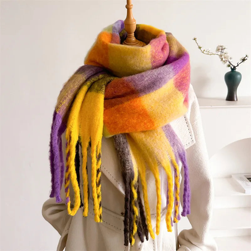 women's casual plaid imitation cashmere tassel scarf