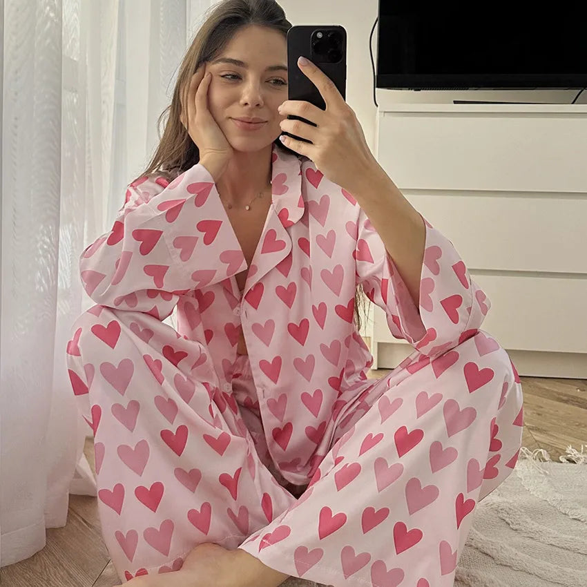 Home Women's Cute Heart Shape Spandex Polyester Pants Sets Pajama Sets
