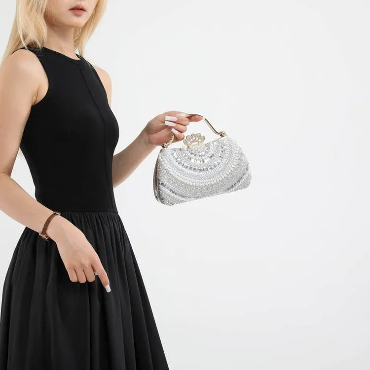 Summer New Beaded Metal Handbag Evening Bag Elegant Bride Clutch Box Bag Fashionable Ladies Chain Shoulder Crossbody Bag