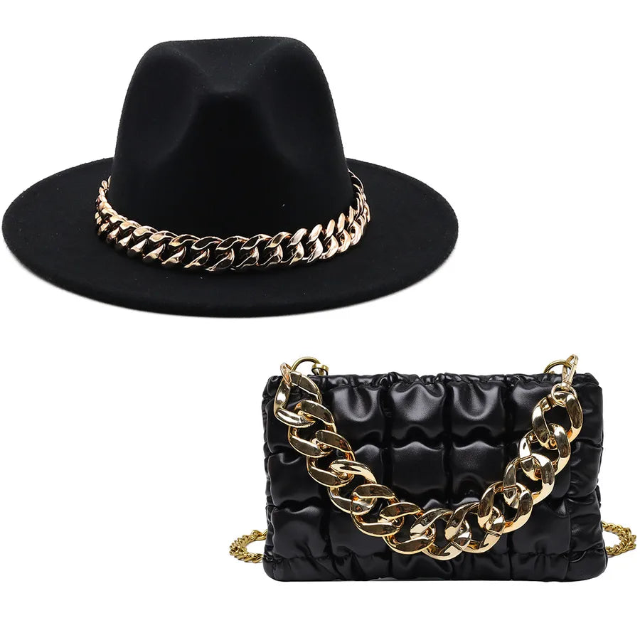 women's british style solid color chain flat eaves fedora hat
