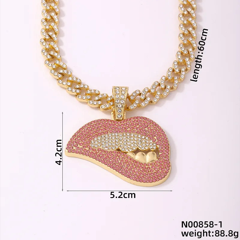 Wholesale Jewelry Hip-Hop Retro Mouth Letter Mask Copper Rhinestones K Gold Plated Rhodium Plated Plating Inlay Pendant Necklace Cuban Link Chain Curb Chain