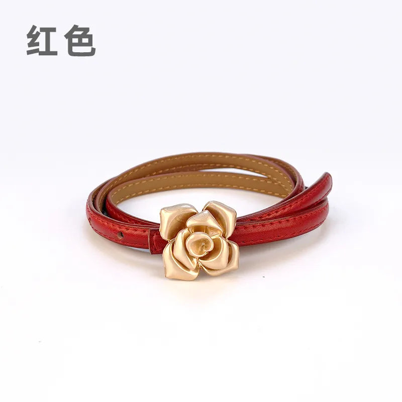 New Genuine Leather Women's Thin Belt Women's Flower Waist Slim Cowhide Women's Belt with Sweater Dress