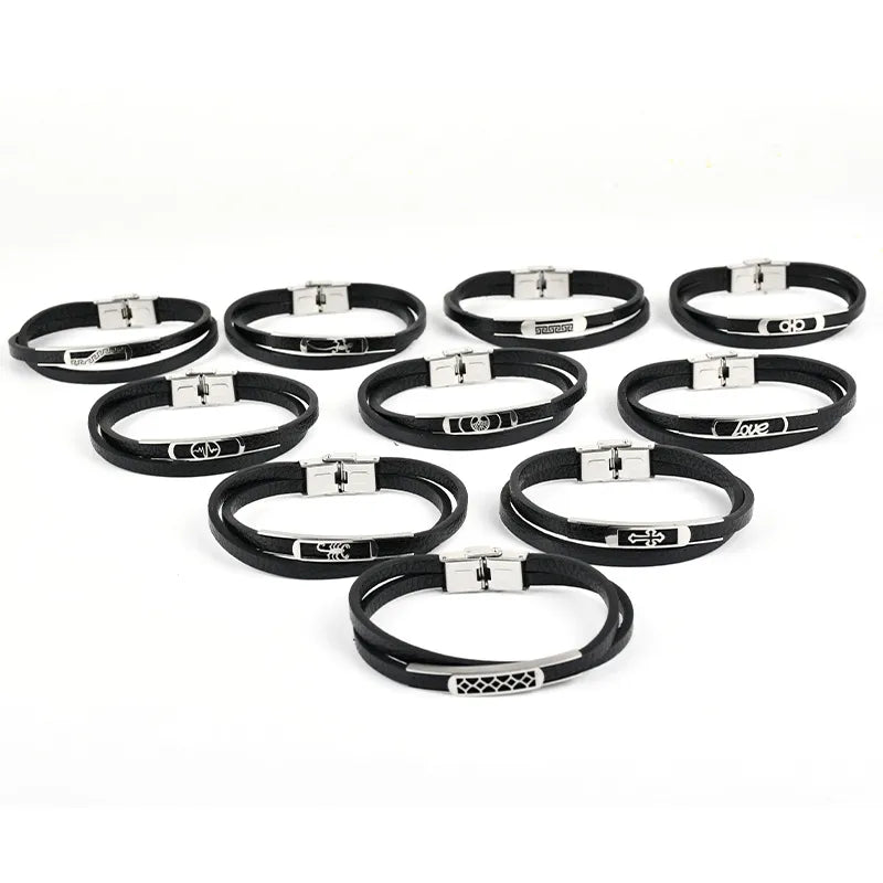 Retro Punk Geometric 201 Stainless Steel Pu Leather Men's wristband Men Cord & Leather Bracelets