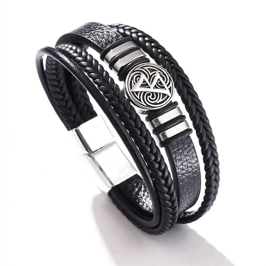 casual totem symbol pu leather alloy knitting men's wristband