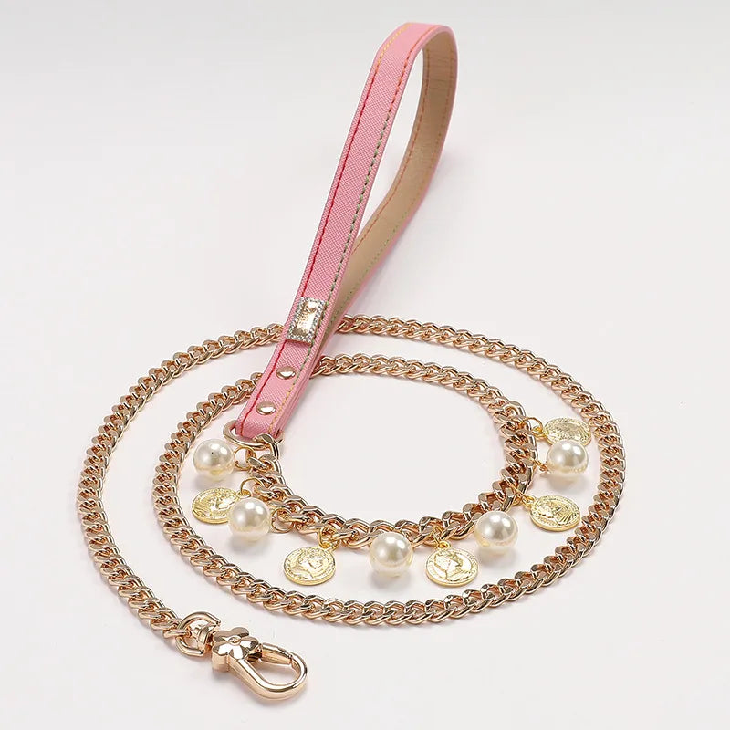 1 Piece All Seasons Elegant Cute Pu Leather Pearl Leash Pet Collar