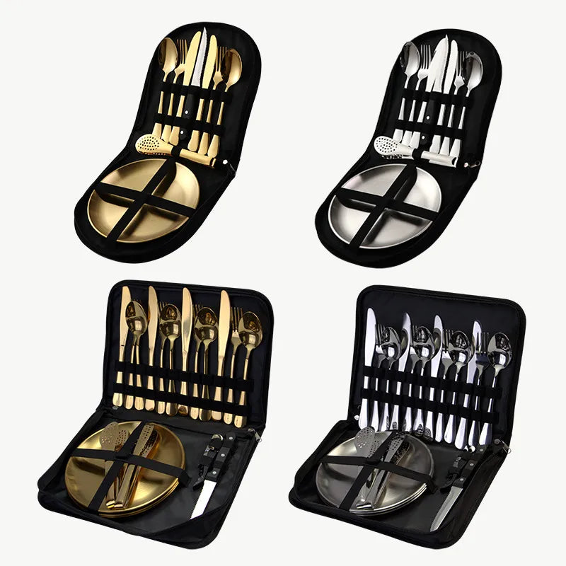 Outdoor travel stainless steel tableware camping picnic barbecue plate clip steak knife, fork and spoon suit portable storage bag