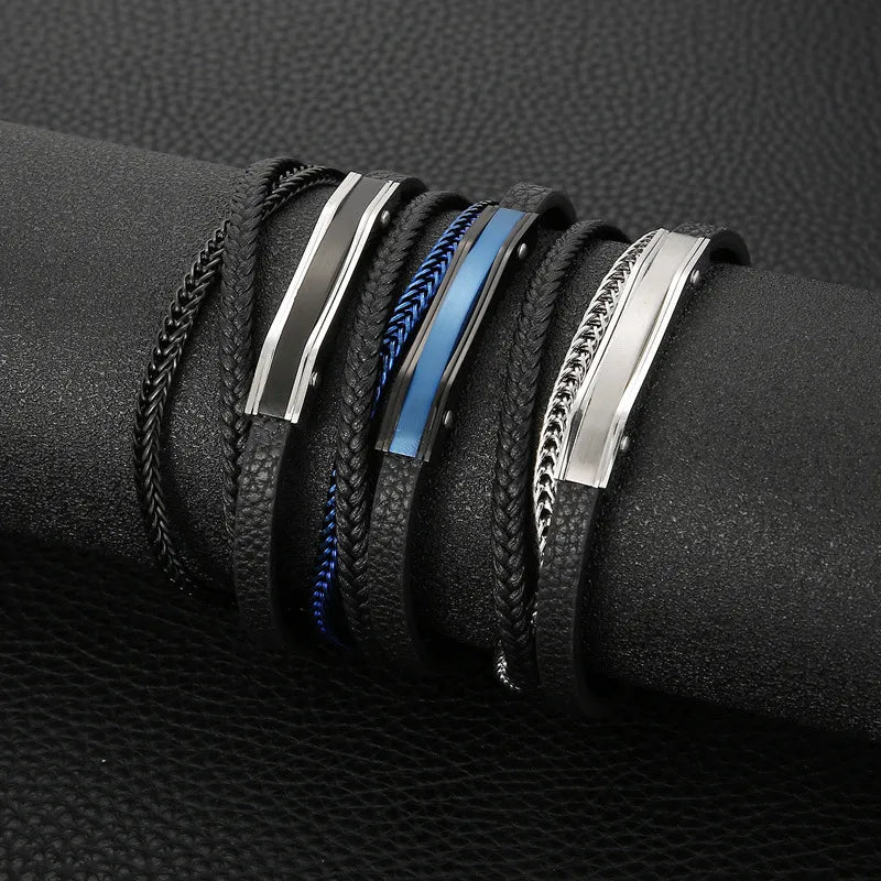 Simple Style Commute Color Block Pu Leather Titanium Steel Patchwork Plating 18K Gold Plated Men's Bracelets