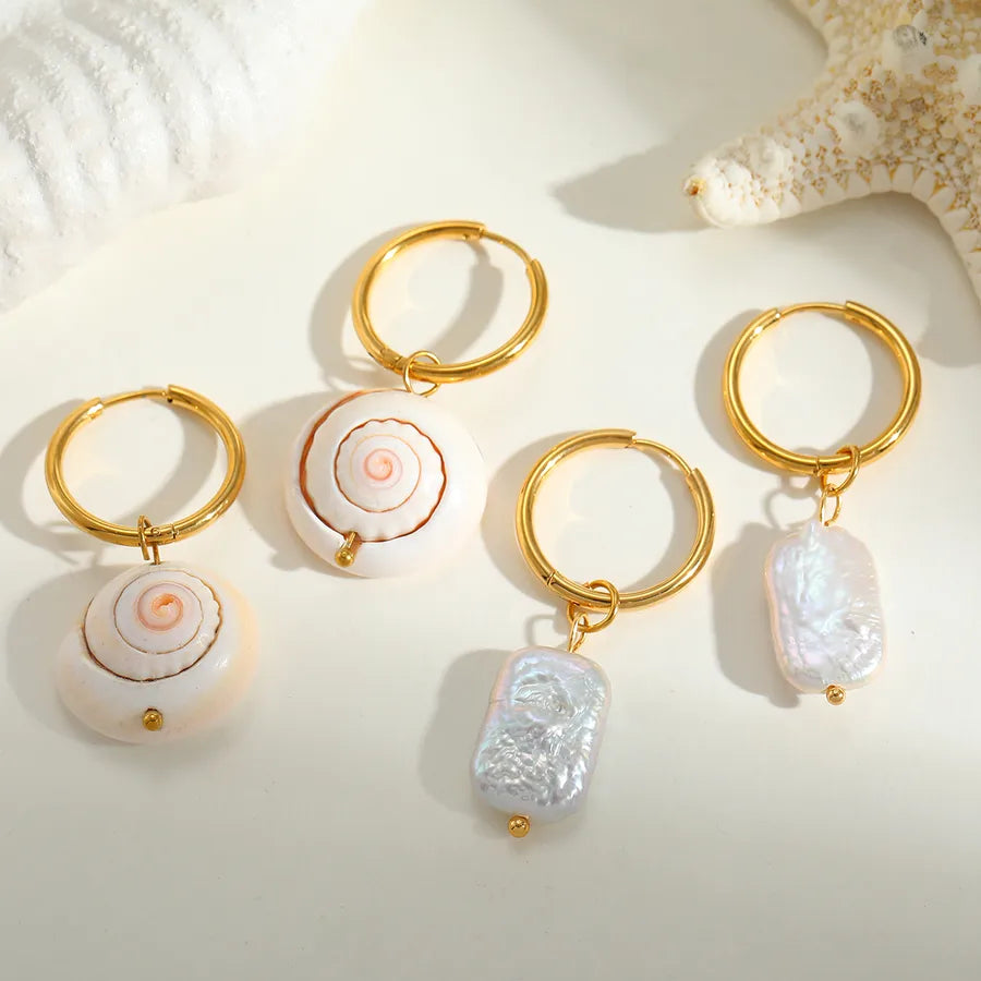 1 Pair Cute Romantic Marine Style Geometric Conch Plating Inlay 304 Stainless Steel Natural Snail Baroque pearl 18K Gold Plated Earrings