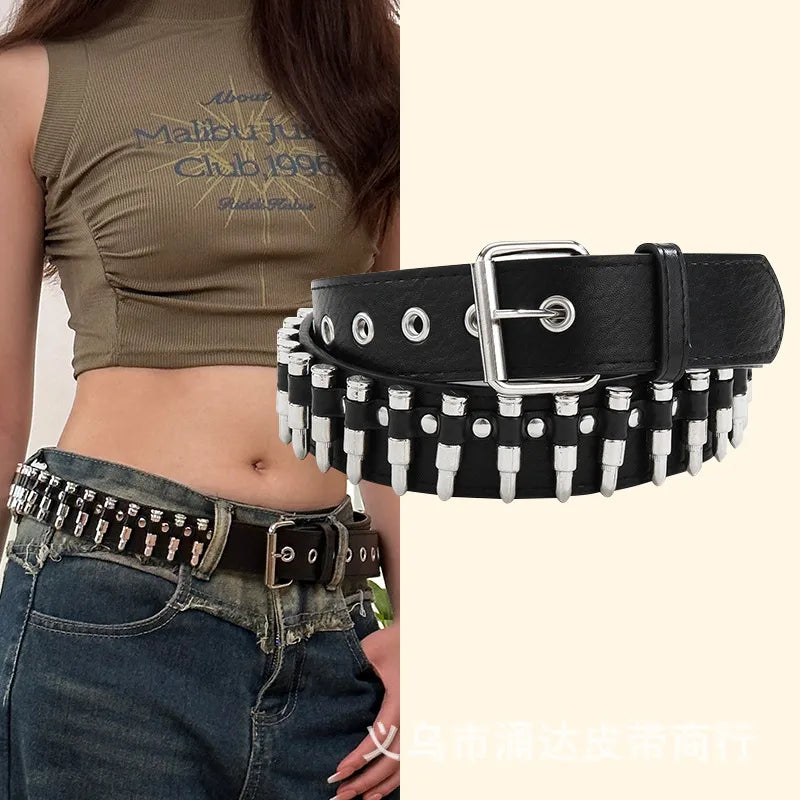 punk streetwear color block pu leather alloy patchwork women's leather belts