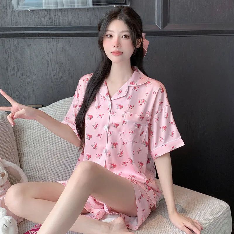 Elegant Ice Silk Sleepwear Women's Summer Butterfly Print Short Sleeve Home Clothes Set Can Be Worn Outside Breathable Casual