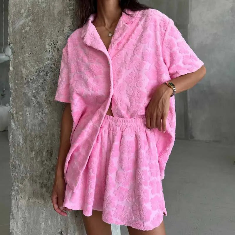 Home Women's Casual Leaves Polyester Shorts Sets Pajama Sets