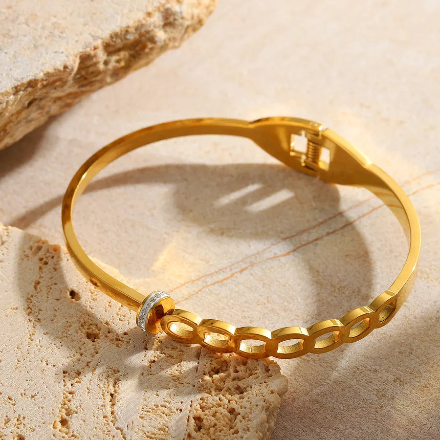 Casual Simple Style Artistic Geometric Solid Color 304 Stainless Steel 18K Gold Plated Zircon Bangle In Bulk