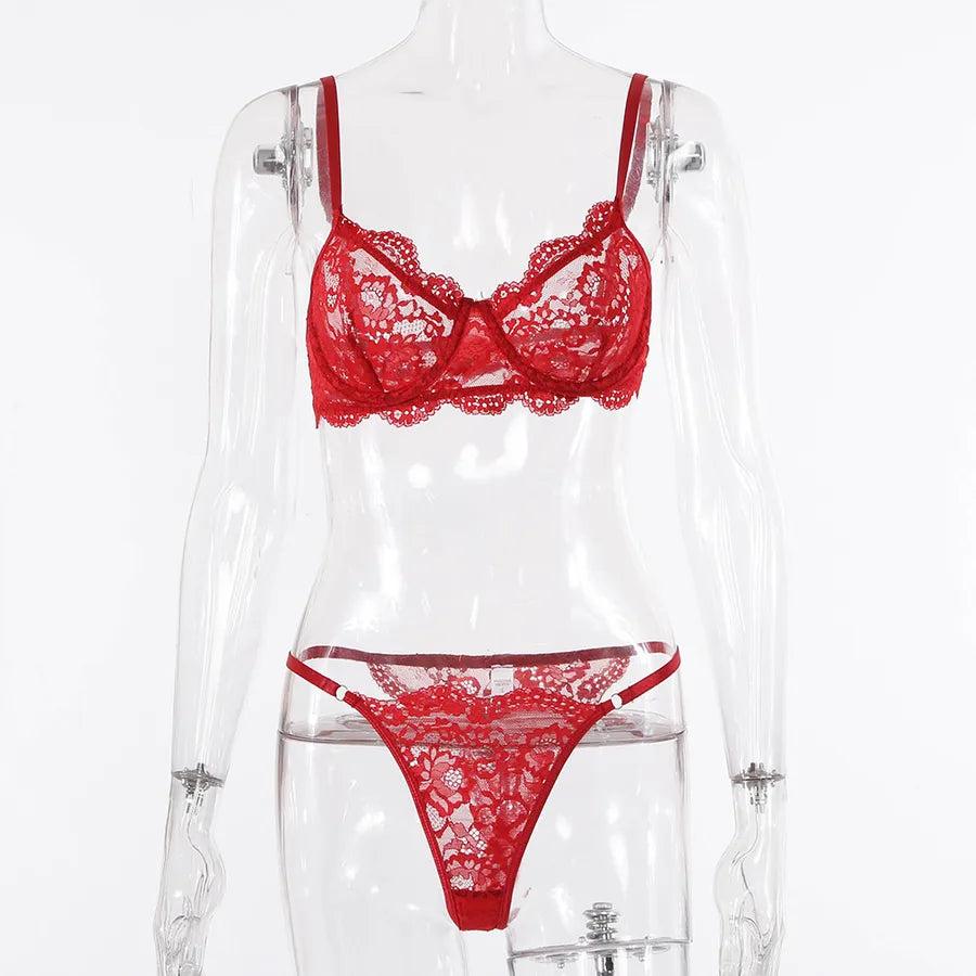 solid color underwire bra sexy lace hollow out mid waist thong sexy lingerie