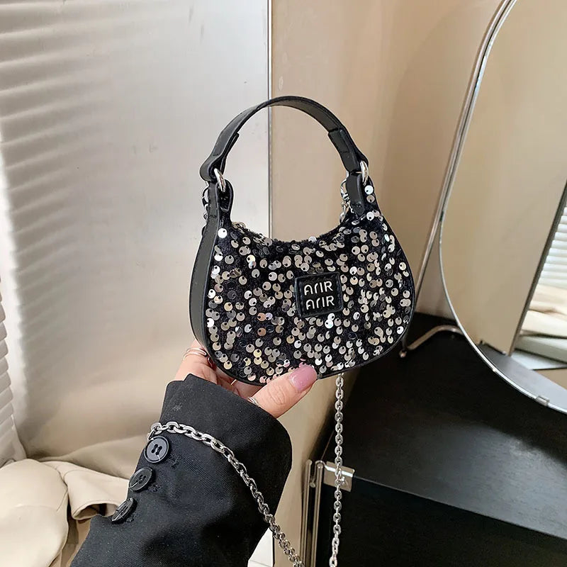 Women's Sequin Pu Leather Solid Color Streetwear Sewing Thread Oval Zipper Handbag Crossbody Bag