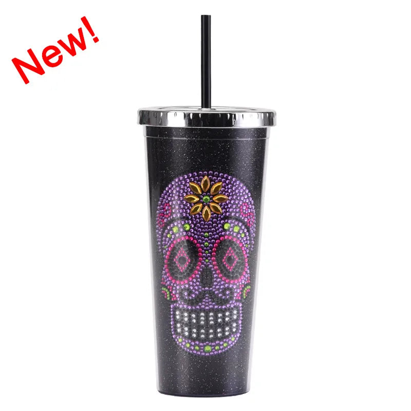 new double-layer plastic straw cup creative halloween skull head large capacity drink cup