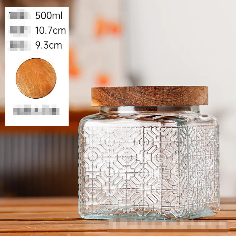 Glass Embossed Glass Sealed Jar Square Storage Jar Snack Dried Fruit Storage Jar Kitchen Household Glass Jar Vintage
