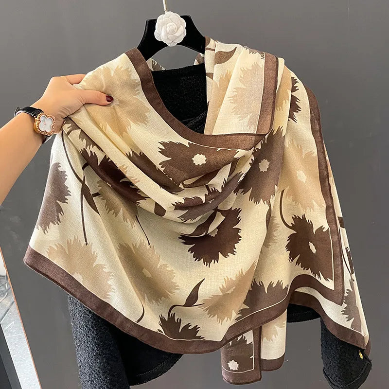 women's elegant sweet flower cotton and linen printing silk scarf