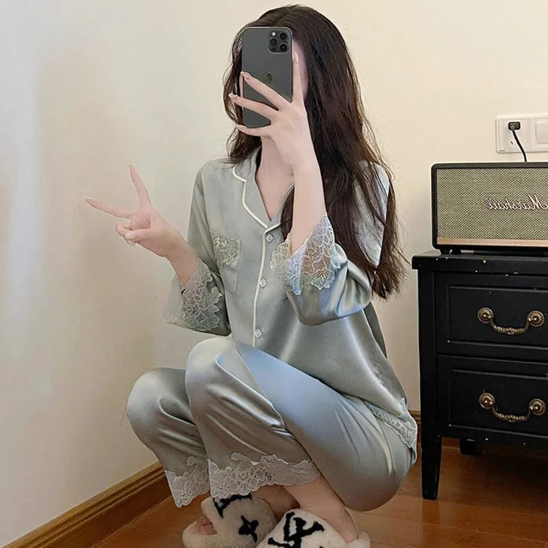Pure Color Lace Splice Smooth Ice Silk Sleepwear Set Women Long Sleeve Long Pants Two Piece Set High-End Sensation Home Clothes