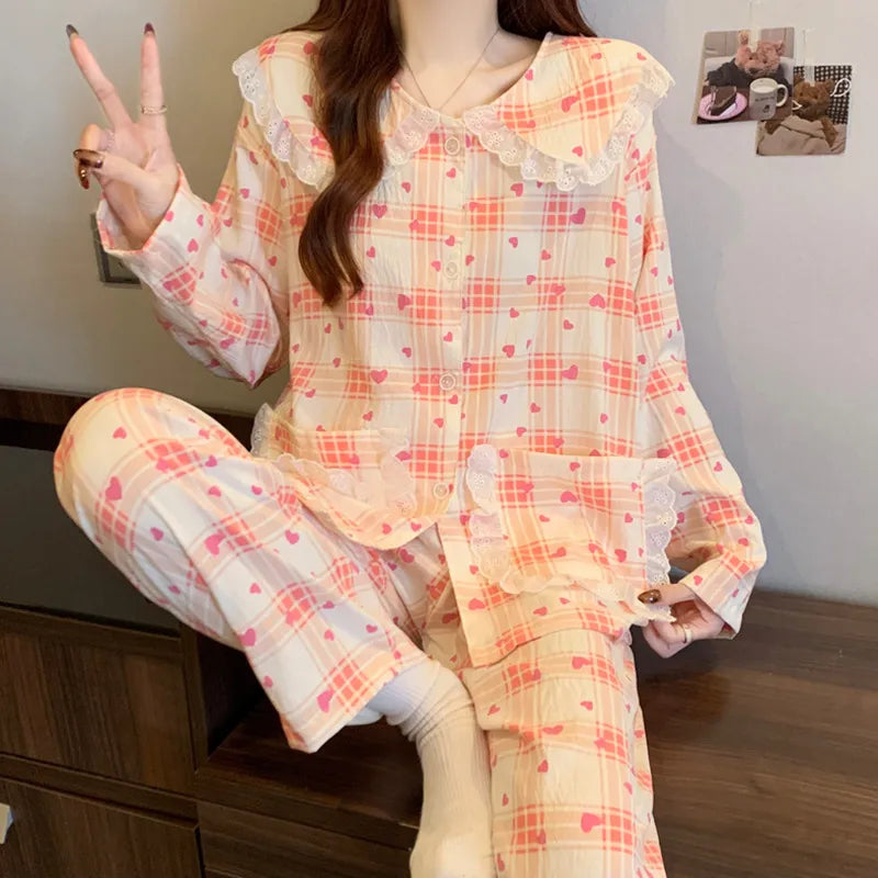 Sweet Cherry Cloud Cotton Long Sleeve Spring Home Clothes Set For Girls Comfortable Breathable Sleepwear Casual Style