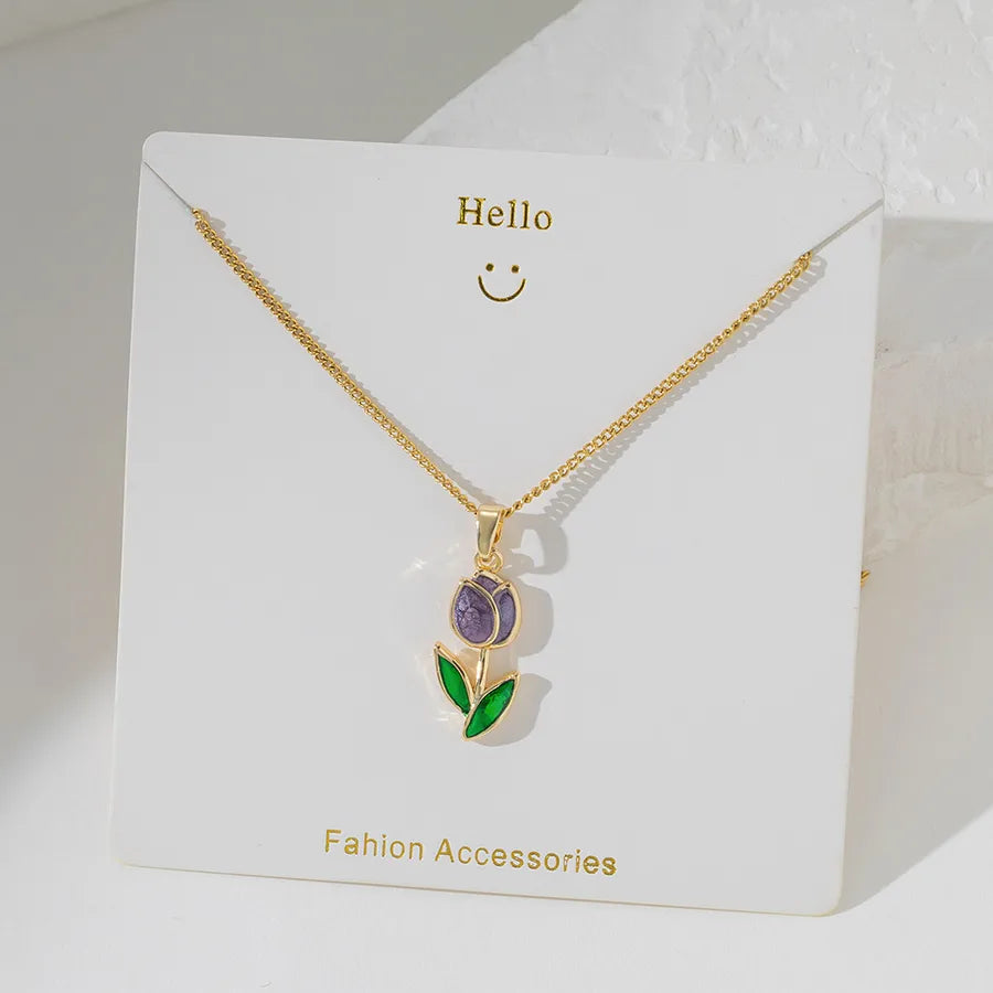 Wholesale Jewelry Basic Simple Style Commute tulips 304 Stainless Steel 18K Gold Plated Plating cable chain Pendant Necklace