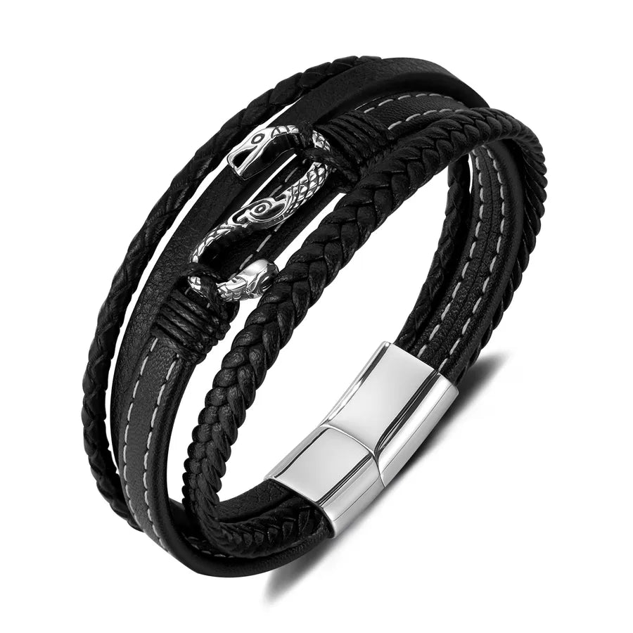 OPK Ornament   Hot Sale Leather Bracelet Stainless Steel Creative Snake Accessories Multi-Layer Woven Leather Bracelet