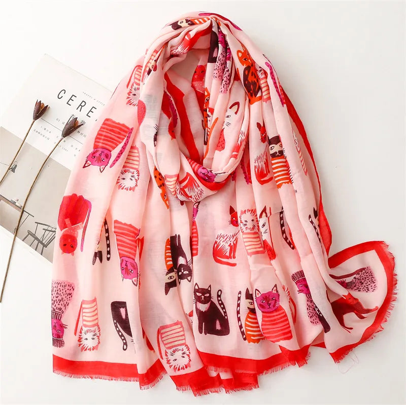 Factory Sales   Live Broadcast Cute Kitten Paradise Printed Silk Scarf Satin Cotton Long Scarf Spring and Autumn Sunscreen Travel Scarf