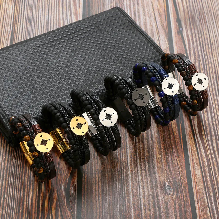 Casual Simple Style Compass Stainless Steel Pu Leather Men's Bangle