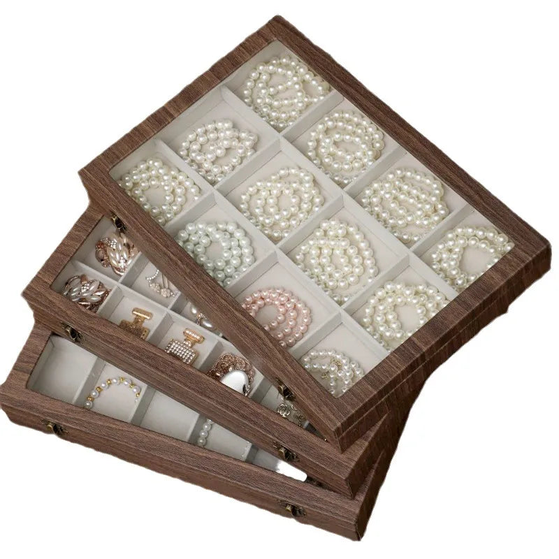 Retro Style Wooden Texture Leather Jewelry Box With Glass Lid Dustproof Storage For Rings Necklaces Bracelets Accessories Display