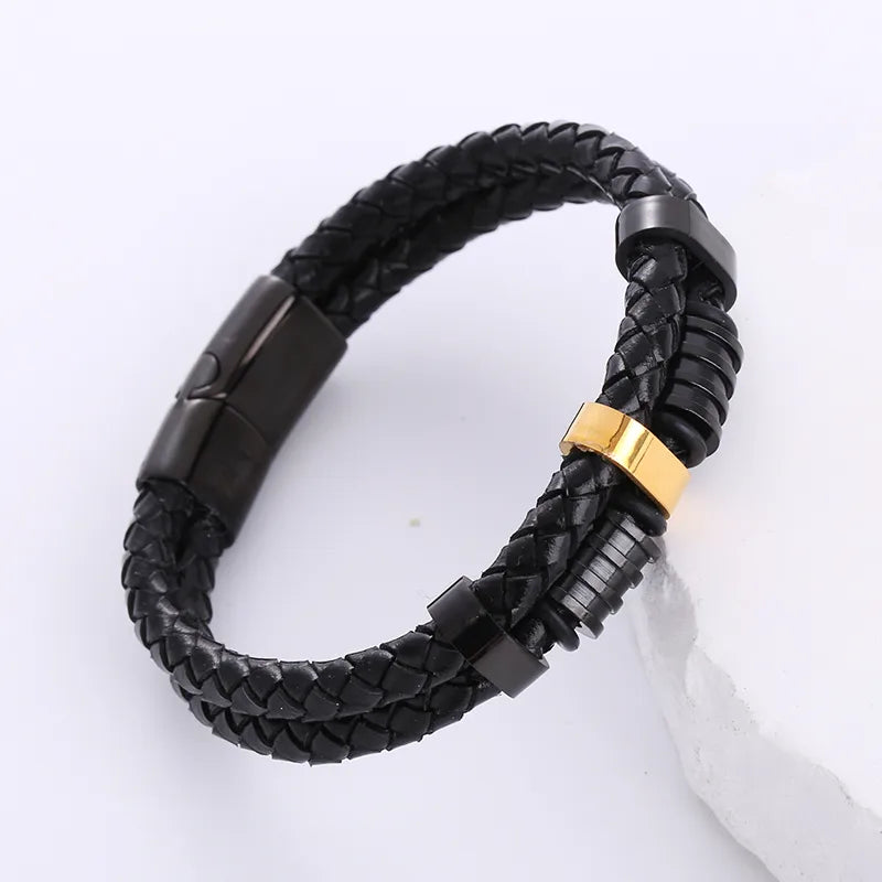 hip-hop geometric stainless steel pu leather braid men's bracelets