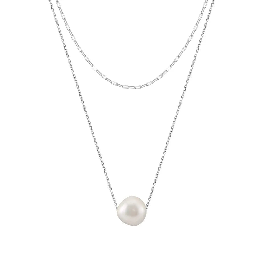 925 Sterling Silver Freshwater Pearl cable chain Plating Geometric Double Layer Necklaces Pendant Necklace Necklace