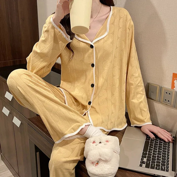 Spring Autumn Women's Long Sleeve Thin Casual Comfortable Home Clothes Set Polyester Milk Silk Medium Weight Sleepwear