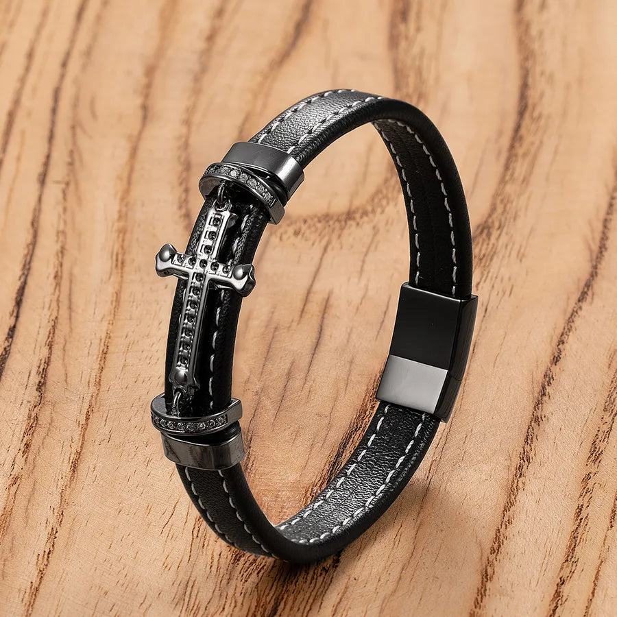 New Men's Fashion Stainless Steel Cross Shelf Accessories Bracelet Personality Woven Leather String Bracelet Ornament Wholesale