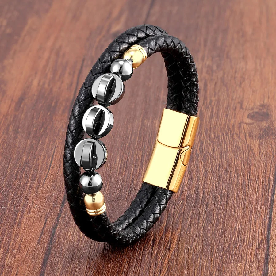 vintage style classic style round leather rope stone metal handmade metal button men's bracelets