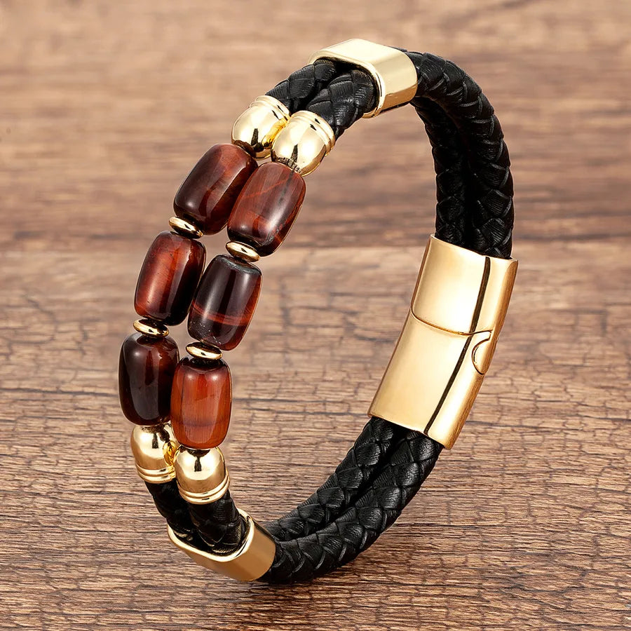 punk classic style cool style color block oval stone metal handmade braid men's bracelets